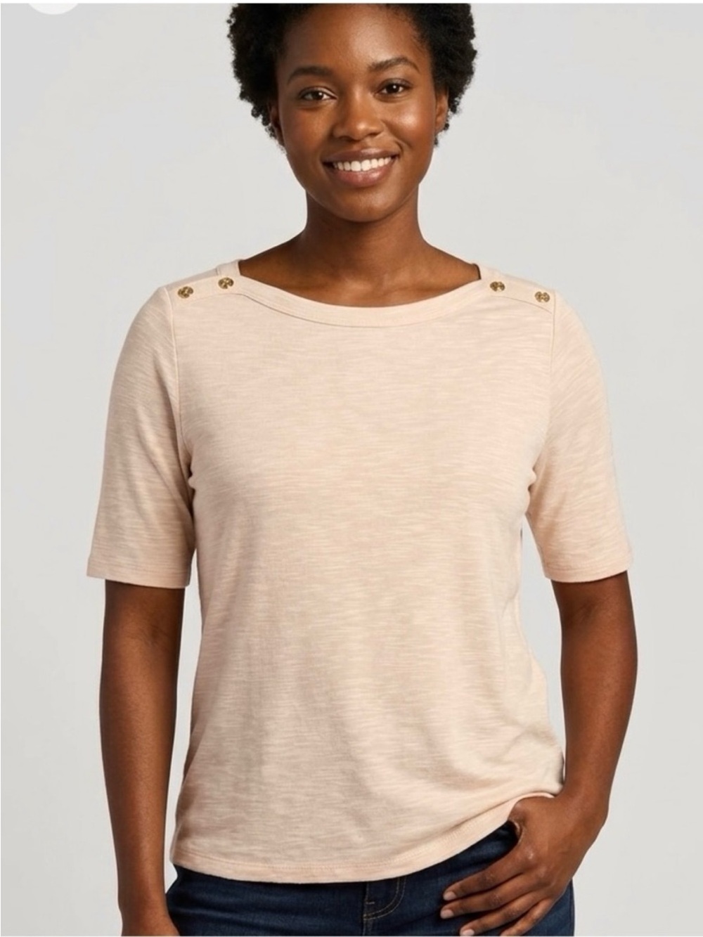 Anne Klein Cream Boat Neck Gold Button Shoulder Top M